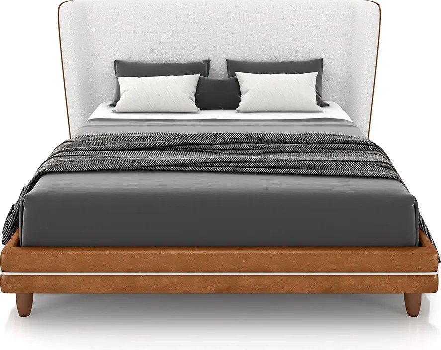 Conjunto Cama com Cabeceira King Torres Pés em Madeira PU/Bouclê Caramelo/Off White G91 - Gran Belo