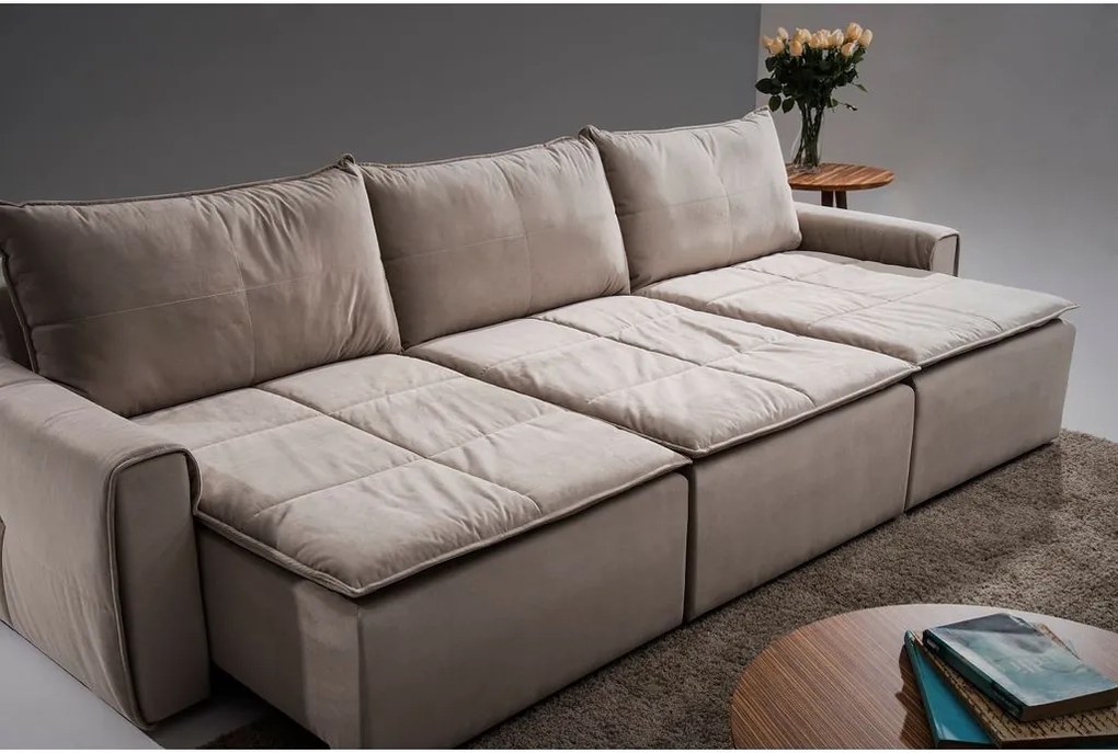 Sofá 7 Lugares Assento Retrátil - Luxo Suede Bege