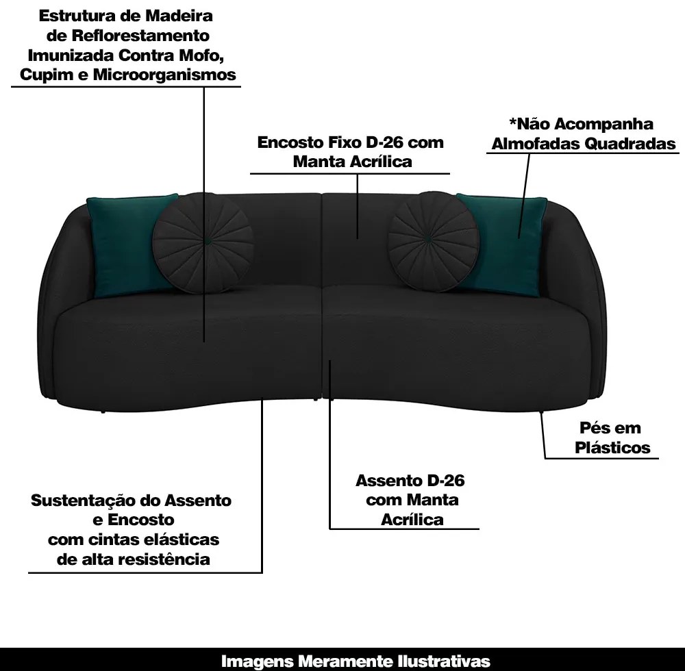Sofá Decorativo 240cm com Almofadas Redondas Clarke PU Preto G45 - Gran Belo