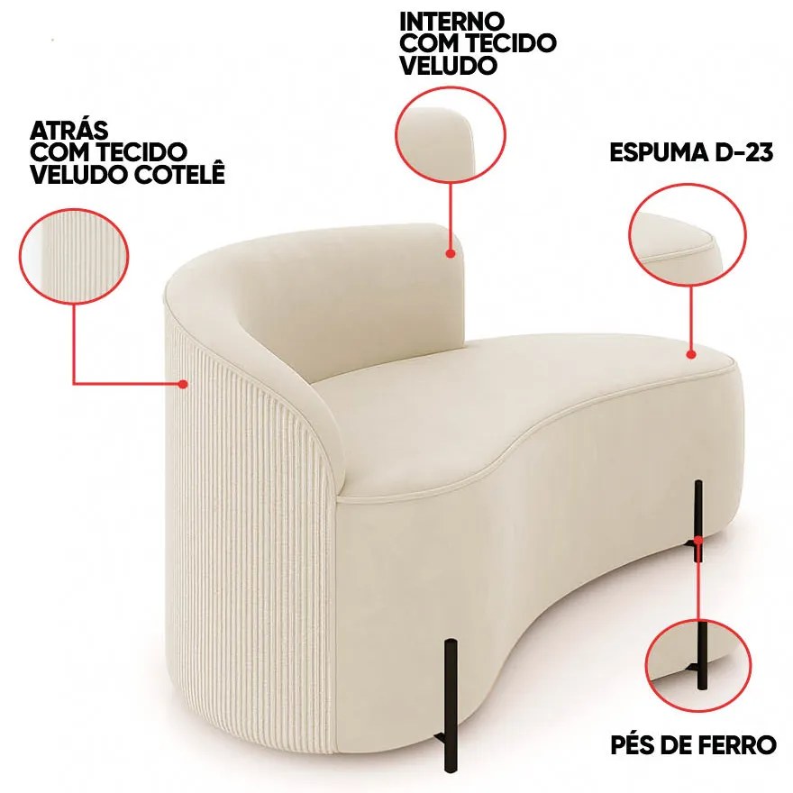 Sofá 3 Lugares Orgânico 180cm Pé Preto Morgan Veludo/Cotelê D03 - D'Rossi - Bege