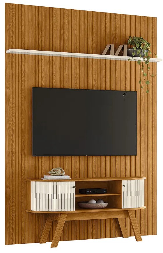 Conjunto Painel e Bancada Troia 2 Portas Deslizantes MDP Pintura UV até 65 Cinamomo/OffWhite G97 - Gran Belo
