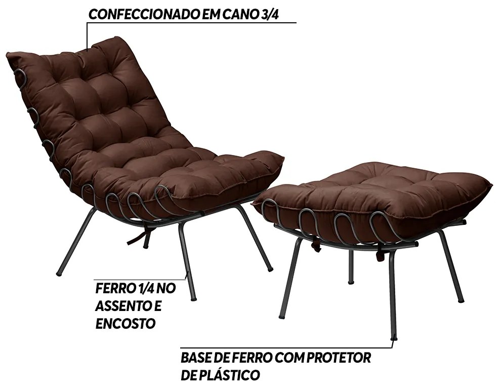 Conjunto Decorativo Poltrona e Puff Abel Base de Ferro Preto Suede Chocolate G41 - Gran Belo