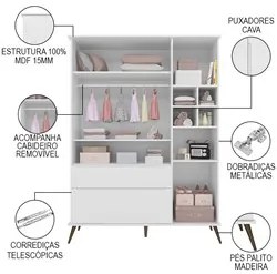 Guarda Roupa Infantil 100% MDF 3 Portas Pés Retrô Melinda Branco - Pho