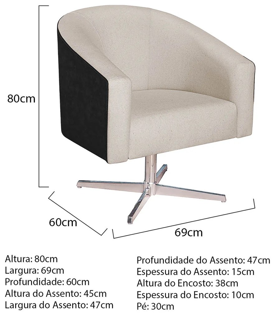 Kit 02 Poltronas Luiza Base Giratória de Metal Factor Preto e Linho - ADJ Decor