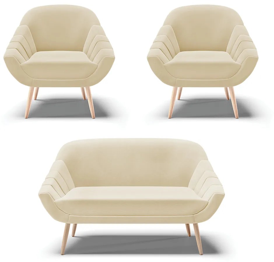 Kit 01 Namoradeira 02 Lugares e 02 Poltronas Giovana Linho Bege A19 Pés Palito Natural - Indo Decorar