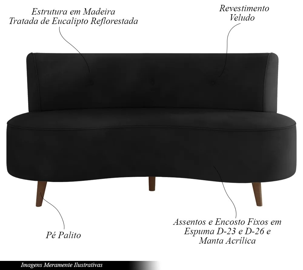 Sofá Living 2 Lugares 160cm Aang Pés Palito Veludo Preto G33 - Gran Belo