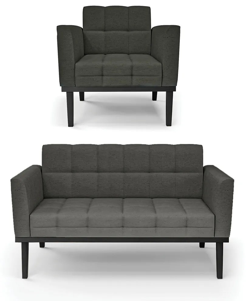 Conjunto Poltrona e Namoradeira Decorativa Karen Pés Fixo em Madeira Preto Linho Cinza Mesclado G19 - Gran Belo