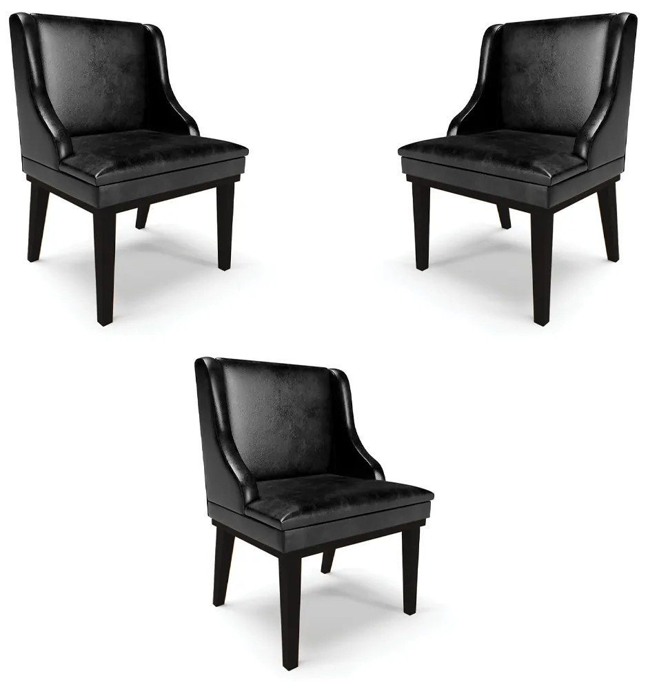 Kit 3 Cadeiras Decorativas Sala de Jantar Base Fixa de Madeira Firenze PU Preto Brilho G19 - Gran Belo