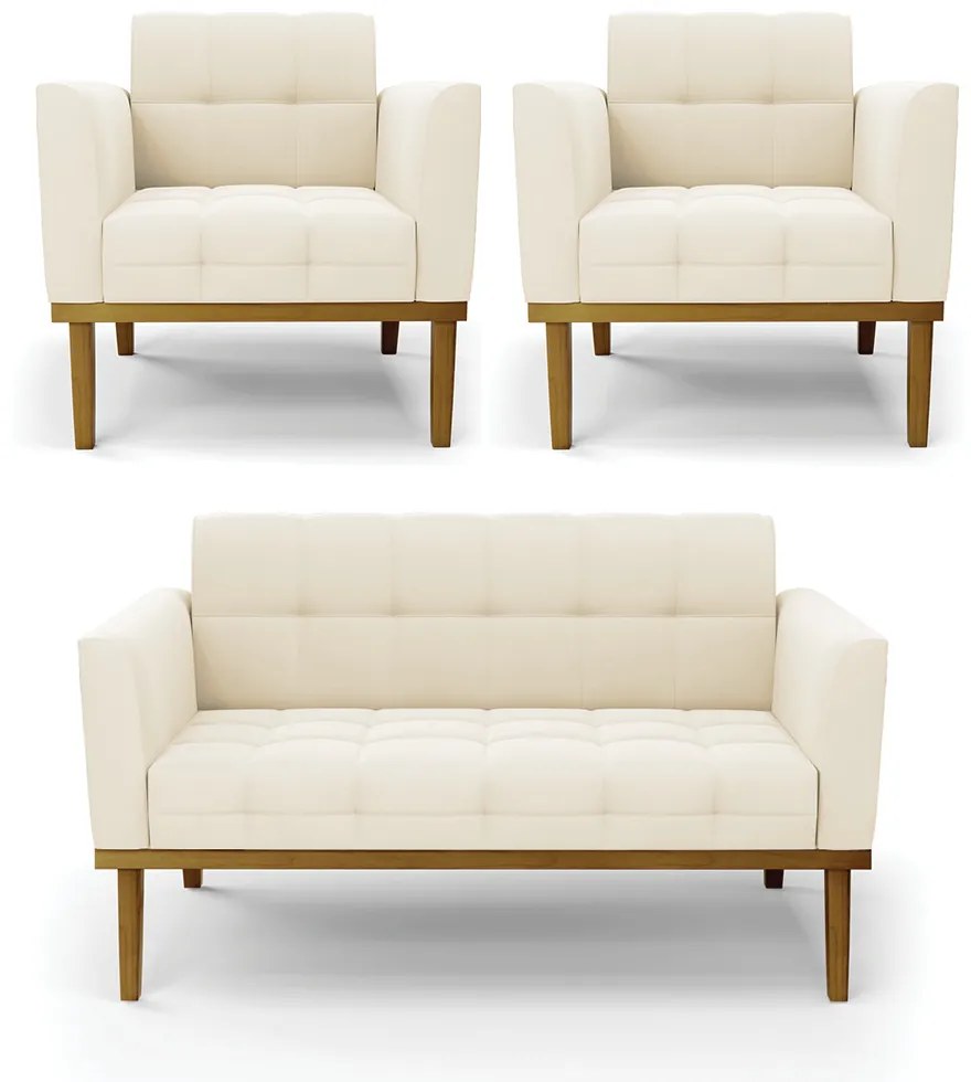 Conjunto 2 Poltronas e 1 Namoradeira Decorativa Karen Pés Fixo em Madeira Castanho Veludo Bege G19 - Gran Belo