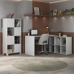Mesa Escrivaninha em L Eron e Estante Livreiro Maly A06 Branco - Mpoze