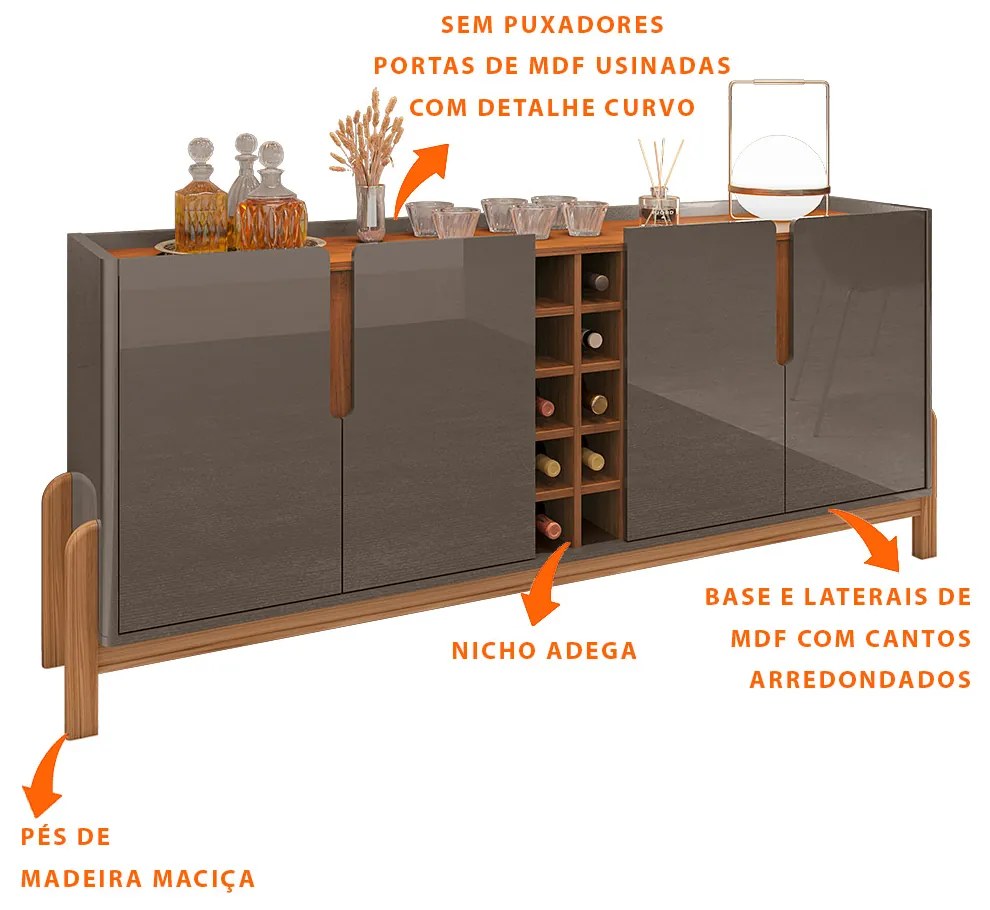 Aparador Buffet 4 Portas Belle 190cm Cinza Pérola e Cedro com Adega C02 - D'Rossi