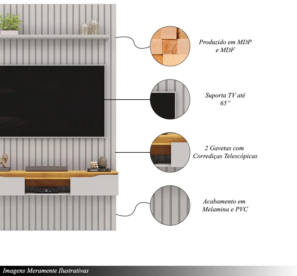 Painel Suspenso Ripado Seko TV 65" Portas Basculantes Borda Chanfrada Bali/Cedro G18 - Gran Belo