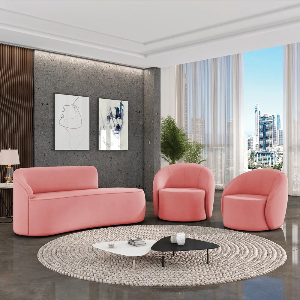 Sofá 2 Lugares Orgânico 140cm Morgan e 2 Poltronas Lua Suede D03 - D'Rossi - Rose