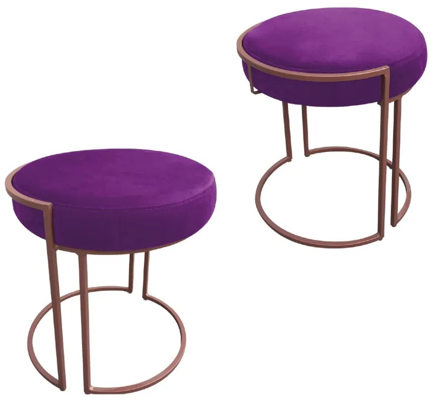 Puff Redondo Base Industrial Cobre Kit 2 Love Suede - Roxo