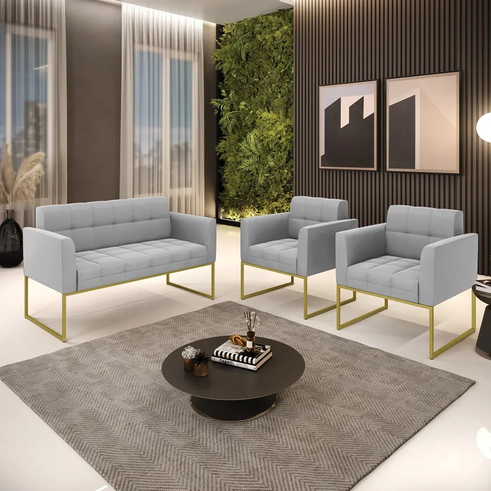 Kit 1 Sofá Namoradeira e 2 Poltronas Elisa Suede Cinza Base Metálica Industrial Dourado - D'Rossi
