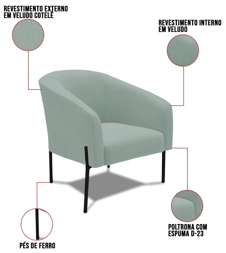 Poltrona Decorativa Pé de Ferro Preto Stella Cotelê Ext/Veludo D03 - D'Rossi - Menta