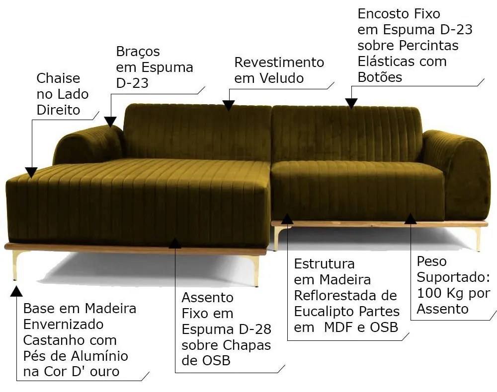 Sofá 3 Lugares Bipartido com Chaise Lado Direito Base de Madeira Euro 230 cm Veludo Mostarda G15 - Gran Belo