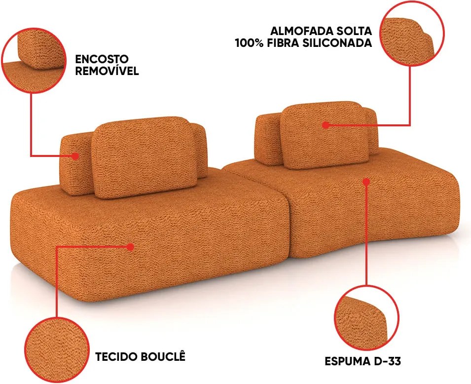 Sofá 2 Lugares Orgânico com Módulo Central e 1 Canto Berlim Bouclê Cr K01 - D'Rossi - Caramelo