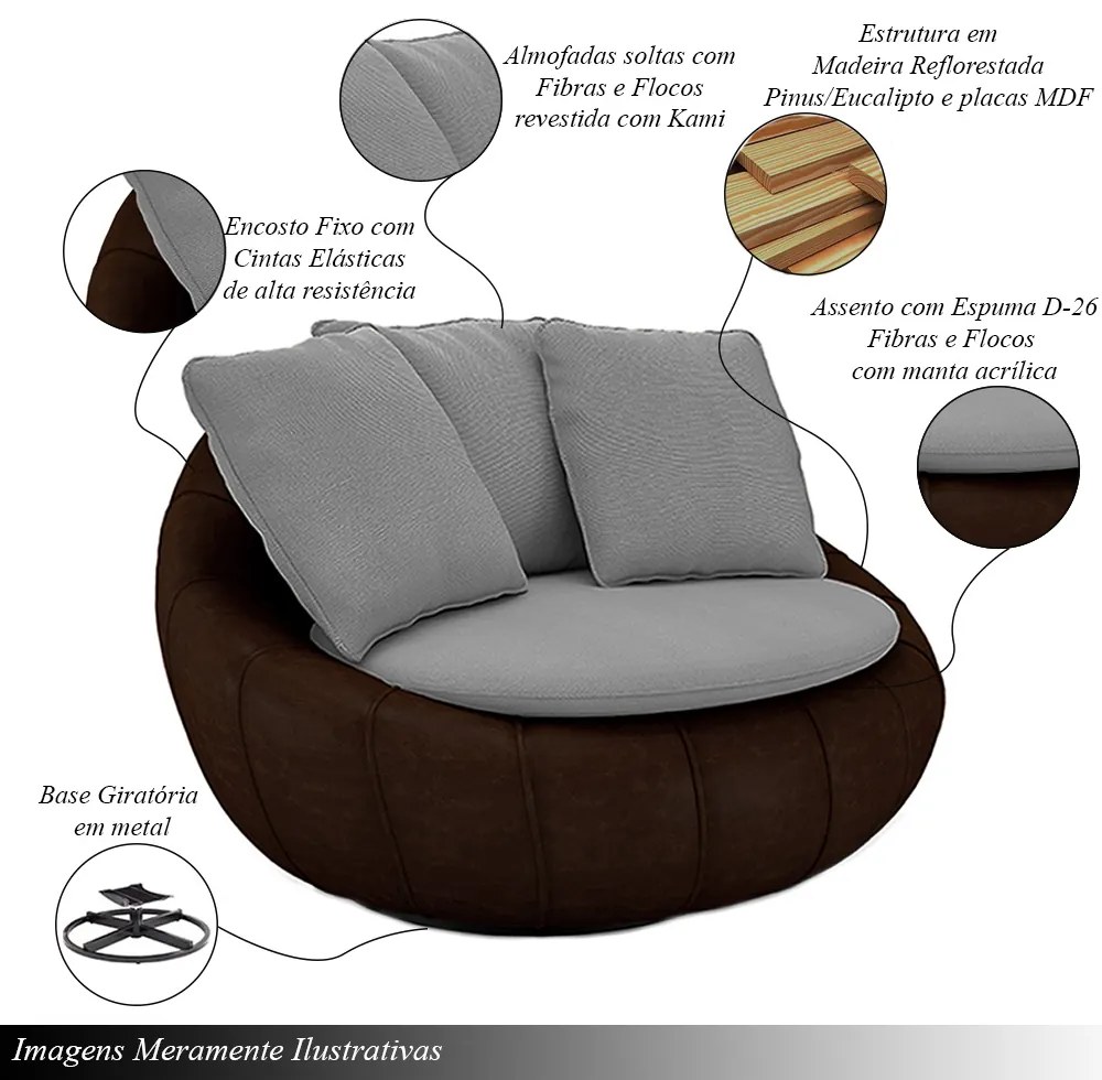 Poltrona Sala de Estar Afrodite com Almofadas Giratória Cinza Marrom Manchado Linho/PU G45 - Gran Belo
