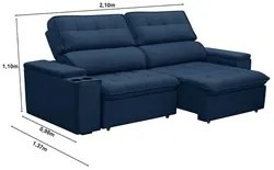 Sofá Retrátil Reclinável 3 Lugares 210cm Ginevra F05 Veludo Azul - Mpo