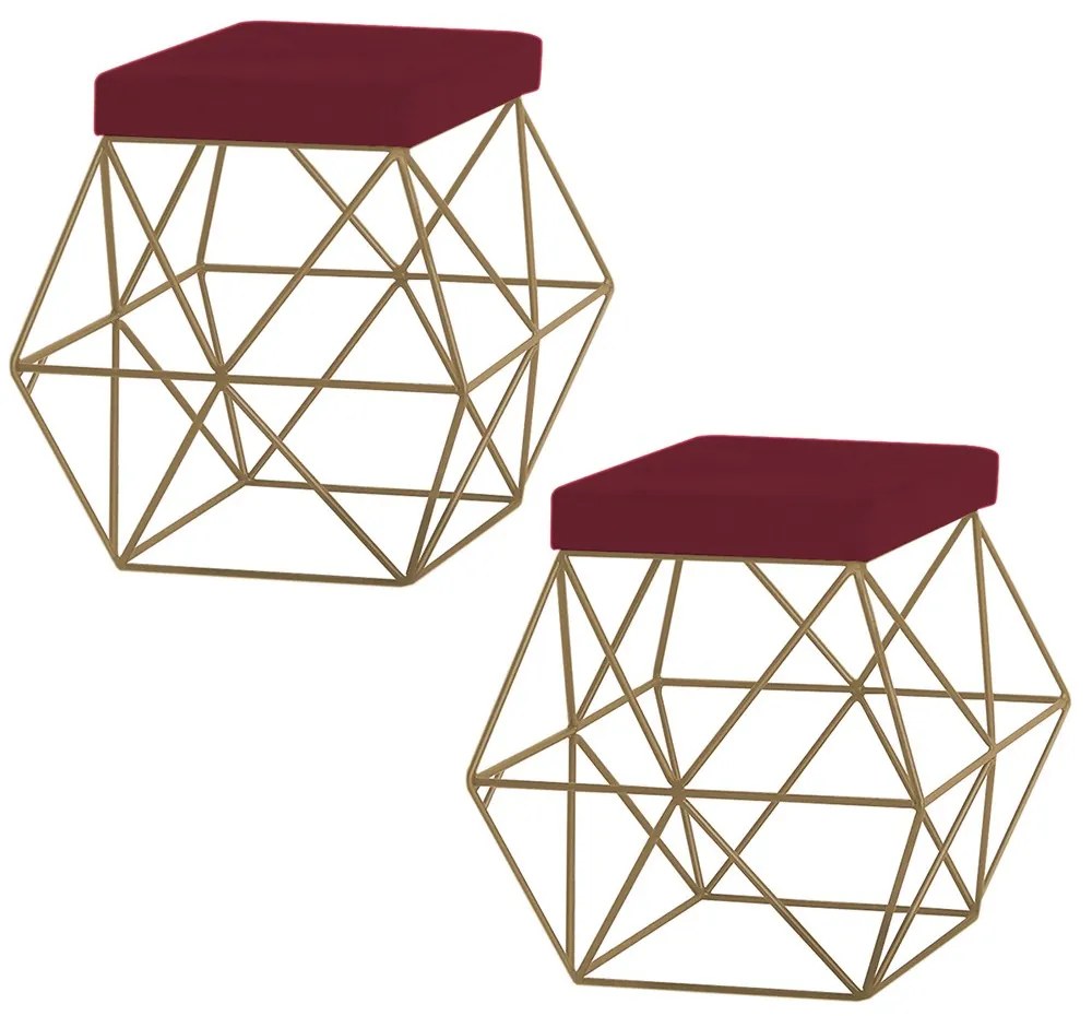 Kit 2 Puffs Decorativo Sala de Estar Base Gold Trixie Suede Bordô G41 - Gran Belo