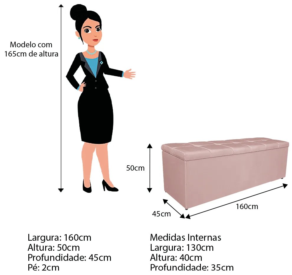 Calçadeira Estofada Manchester 160 cm Queen Size Suede Rosê - ADJ Decor