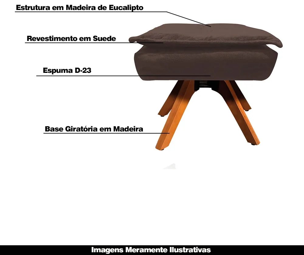 Kit 2 Puff's Decorativos Base Giratória em Madeira Charger Suede Marrom G19 - Gran Belo