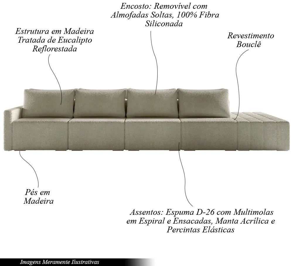 Sofá Ilha Modulado Milos 392cm Puff Lateral Bouclê Bege G33 - Gran Belo