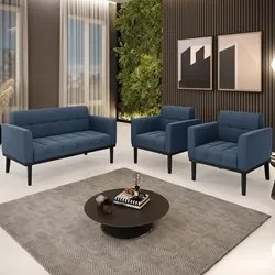 Sofá Namoradeira e 2 Poltronas Base Madeira Preto Ana Suede Azul Marin