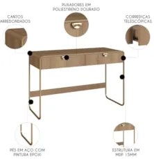 Escrivaninha Mesa com 2 Gavetas 125cm Mario Hanover/Dourado A10 - Mpoz