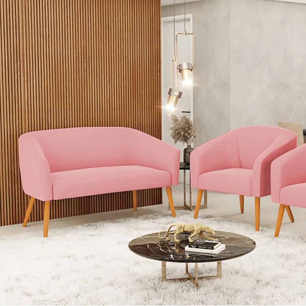 Sofá Namoradeira e Poltrona Pé Palito Castanho Stella Suede D03 - D'Rossi - Rose