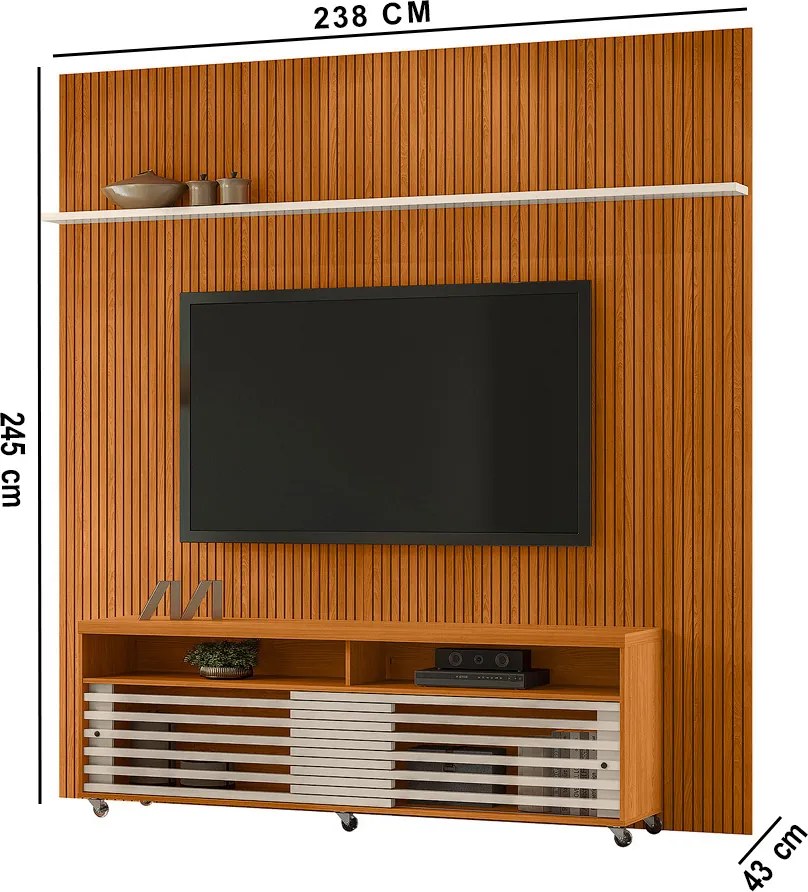 Painel TV 75 Pol 238cm Ripado Kalven com Rack Bancada Nerion M20 - D'Rossi - Cinamomo(fosco)/Off White(brilho)