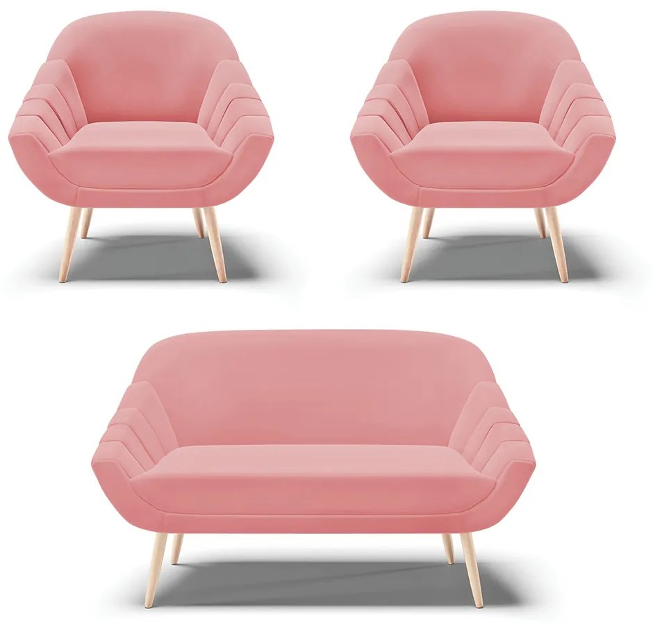 Kit 01 Namoradeira 02 Lugares e 02 Poltronas Giovana Suede Rosê Pés Palito Natural - Indo Decorar