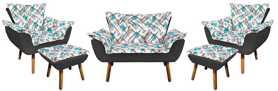 Kit 01 Namoradeira com 02 Poltronas e 02 Puffs Opala Composê Suede com Estampado Traçado Azul D33 Pés Palito Castanho - Preto
