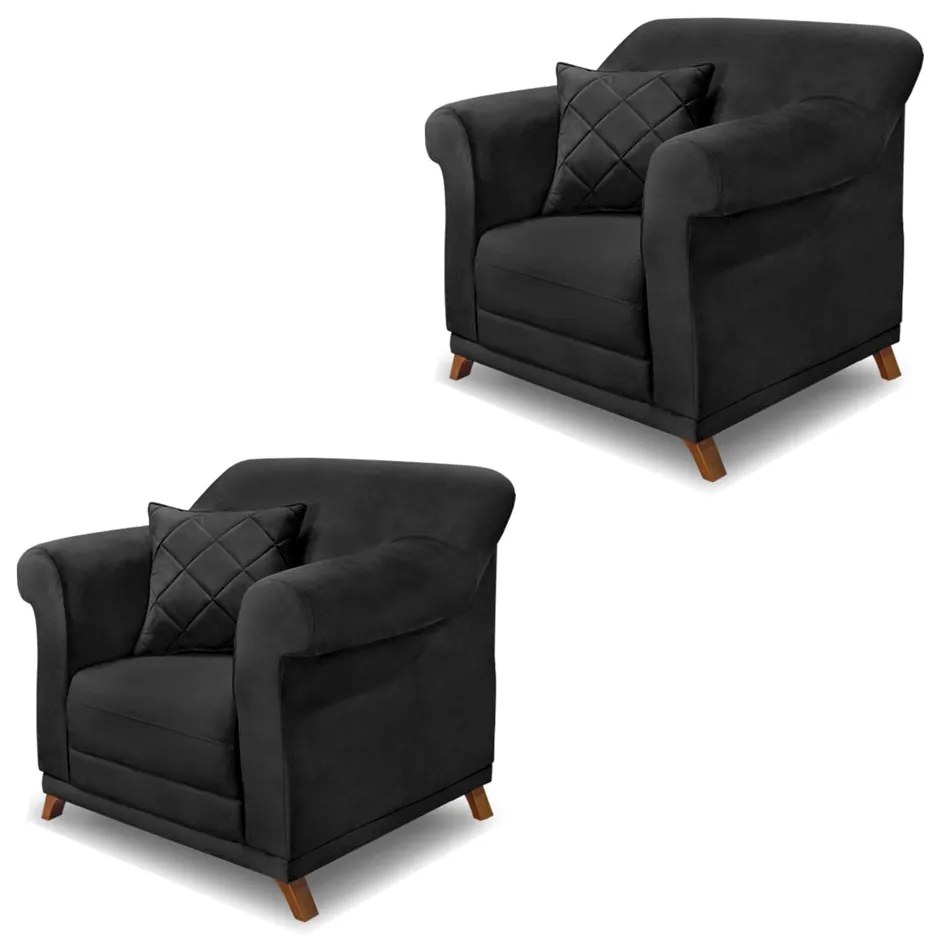 Kit 2 Poltronas Decorativas com 2 Almofadas Armstrong Veludo Preto G63 - Gran Belo