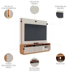 Estante Painel TV 75 Pol Com LED 200cm Mafra Freijó/Off White C05 - Mp