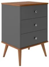 Mesa Cabeceira 35cm 3 Gavetas Pés Palito Thames Onix/Freijó E05 - Mpoz