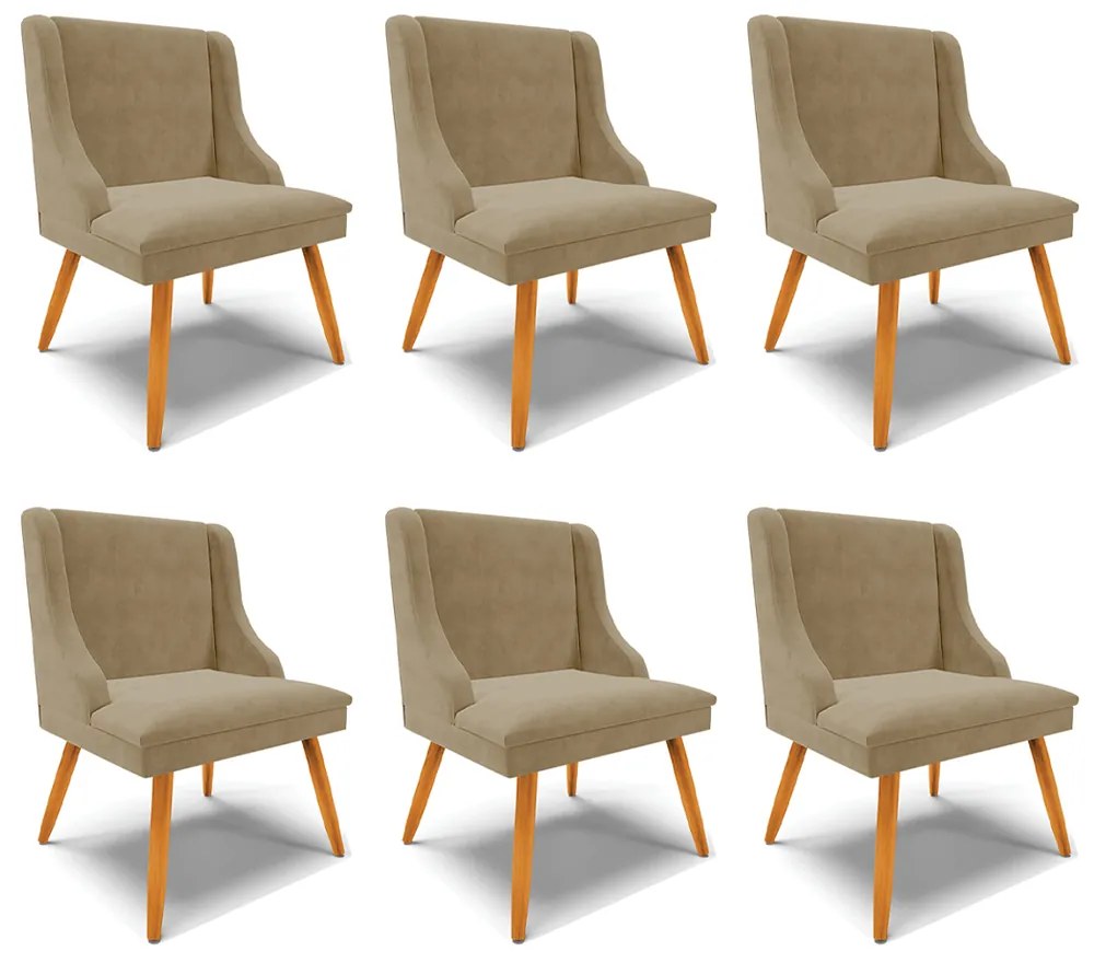 Kit 6 Cadeiras Decorativas Sala de Jantar Pés Palito de Madeira Firenze Suede Nude/Natural G19 - Gran Belo