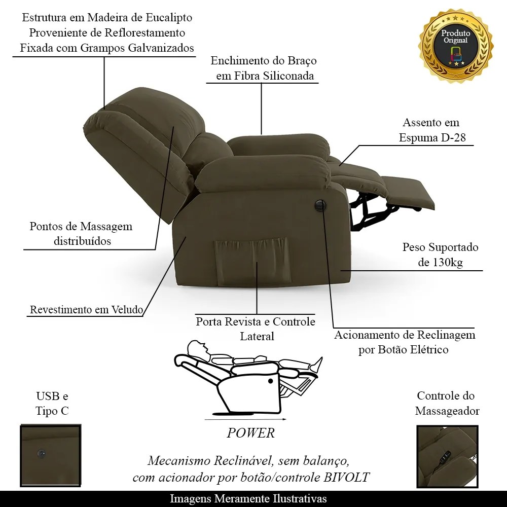 Poltrona do Papai Reclinável Sala de Cinema Madrid Power Elétrica Massagem USB Veludo Capuccino G23