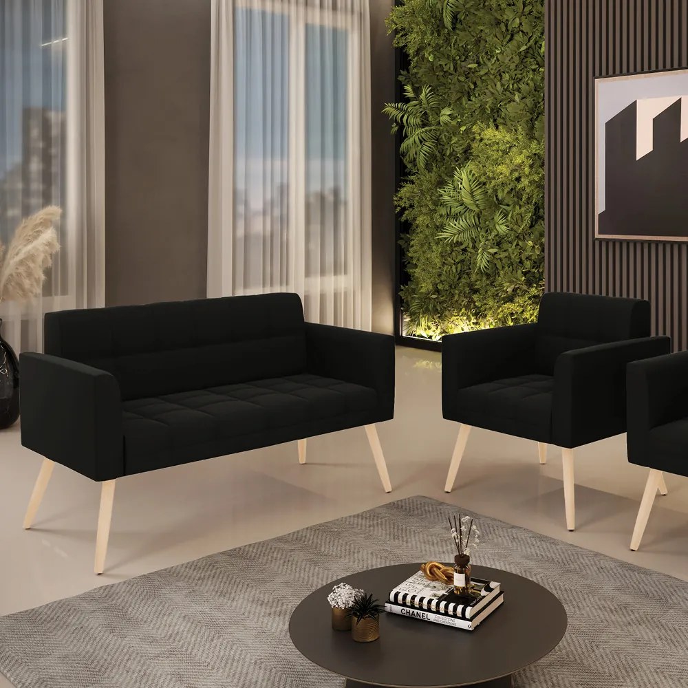 Kit 1 Sofá Namoradeira e 1 Poltrona Elisa Suede Pés Palito Natural - D'Rossi - Preto
