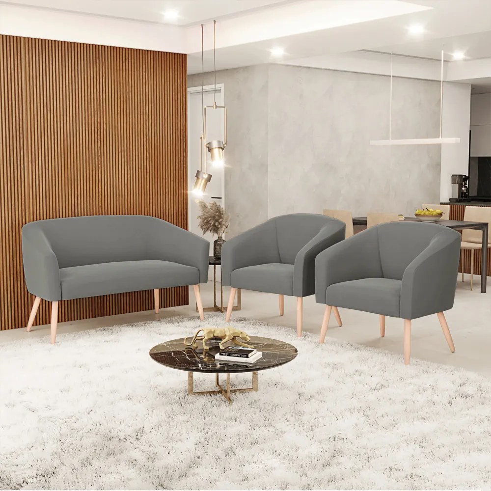 Namoradeira e 2 Poltronas Pé Palito Natural Stella Suede Grafite D03 - D'Rossi