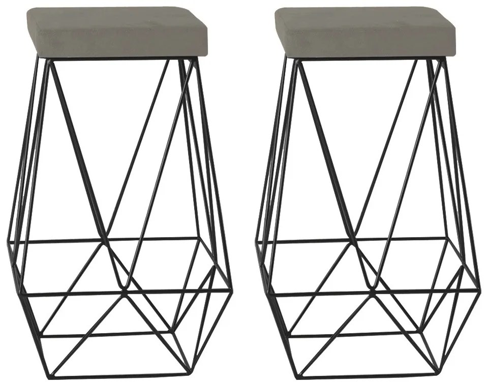 Kit 2 Banqueta Decorativa Kathy Base Preta Veludo Cinza G41 - Gran Belo