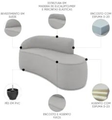 Sofá 3 Lugares Para Sala 180cm Orgânico Wendi Suede Cinza I01 - Mpoze