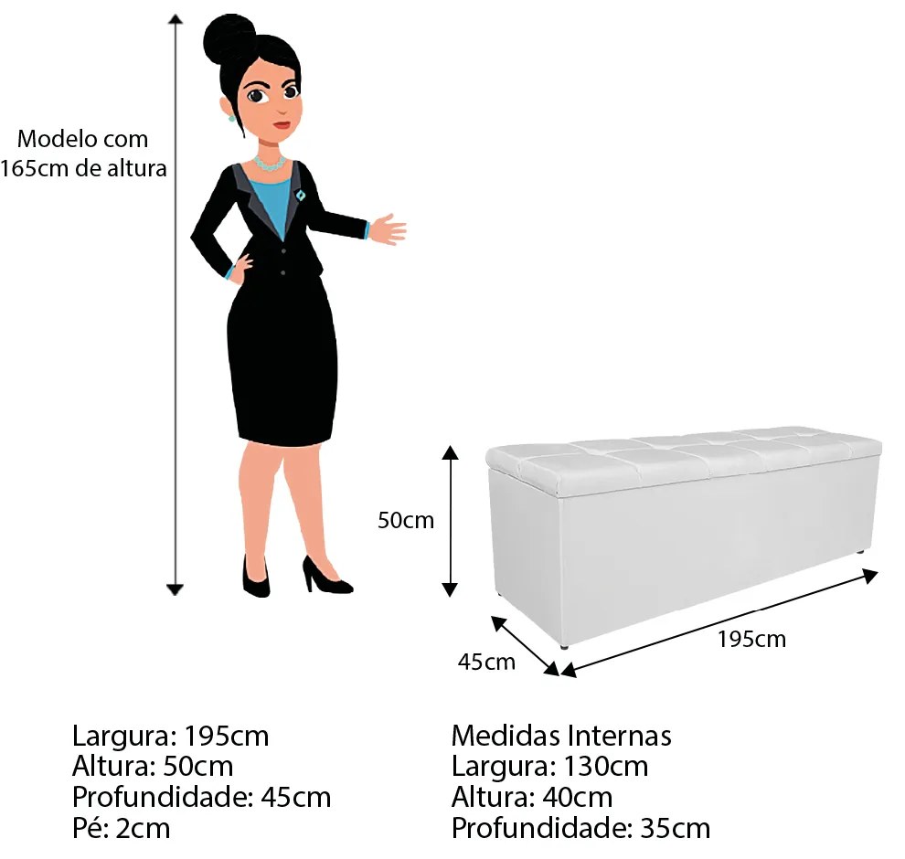Calçadeira Estofada Manchester 195 cm King Size Corano Branco - ADJ Decor
