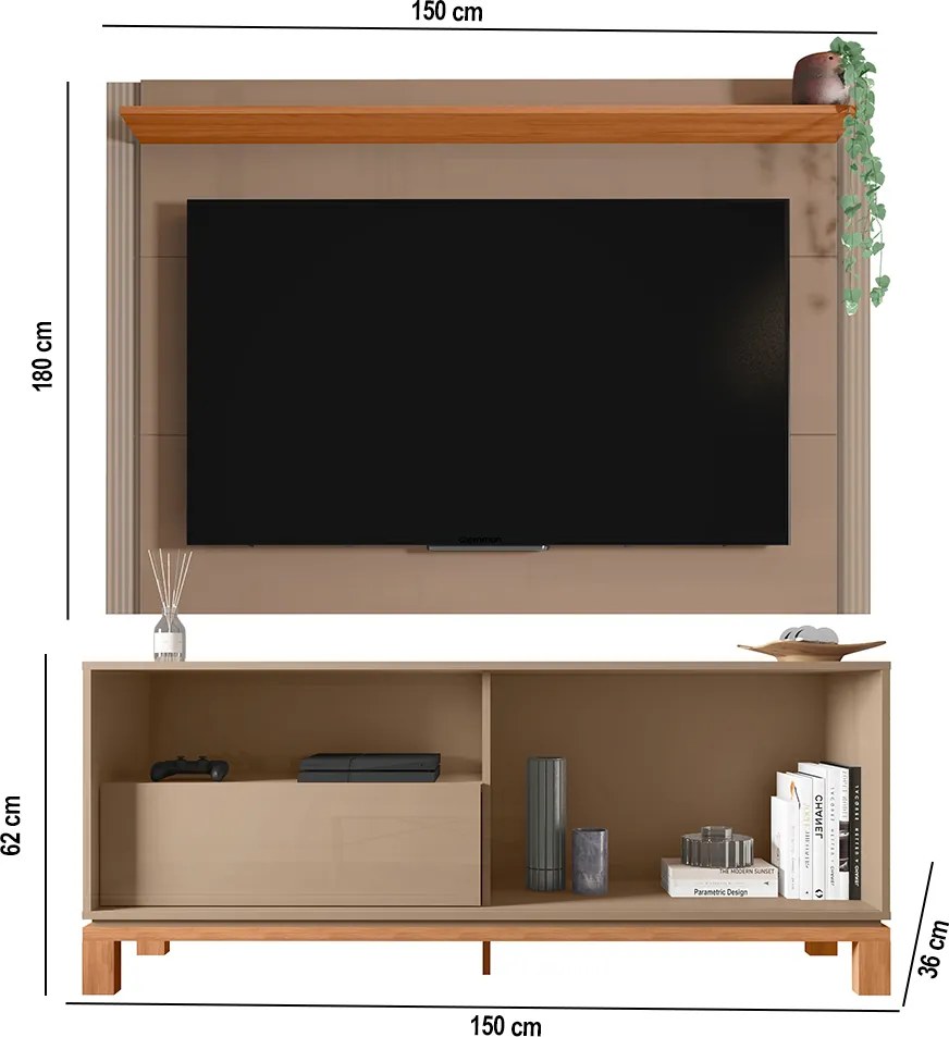Painel TV 55 Pol 150cm com Rack Bancada para Sala Visari C01 - D'Rossi - Marrom/Freijó