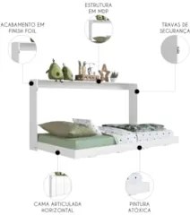 Cama Solteiro Infantil Articulação Horizontal Hina Branco A05 - Mpozen