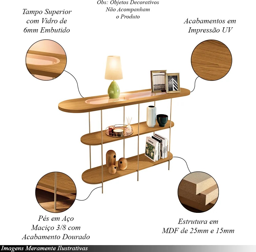 Conjunto Decorativo Aparador e 2 Mesas de Centro Walker Tampo MDF/Vidro Cinamomo G26 - Gran Belo