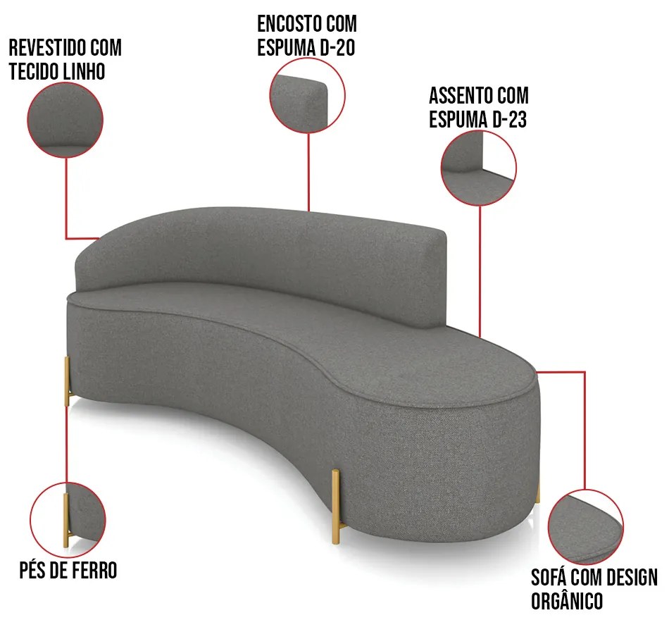 Sofá 4 Lugares Orgânico 220cm Pé Dourado Morgan Linho D03 - D'Rossi - Grafite