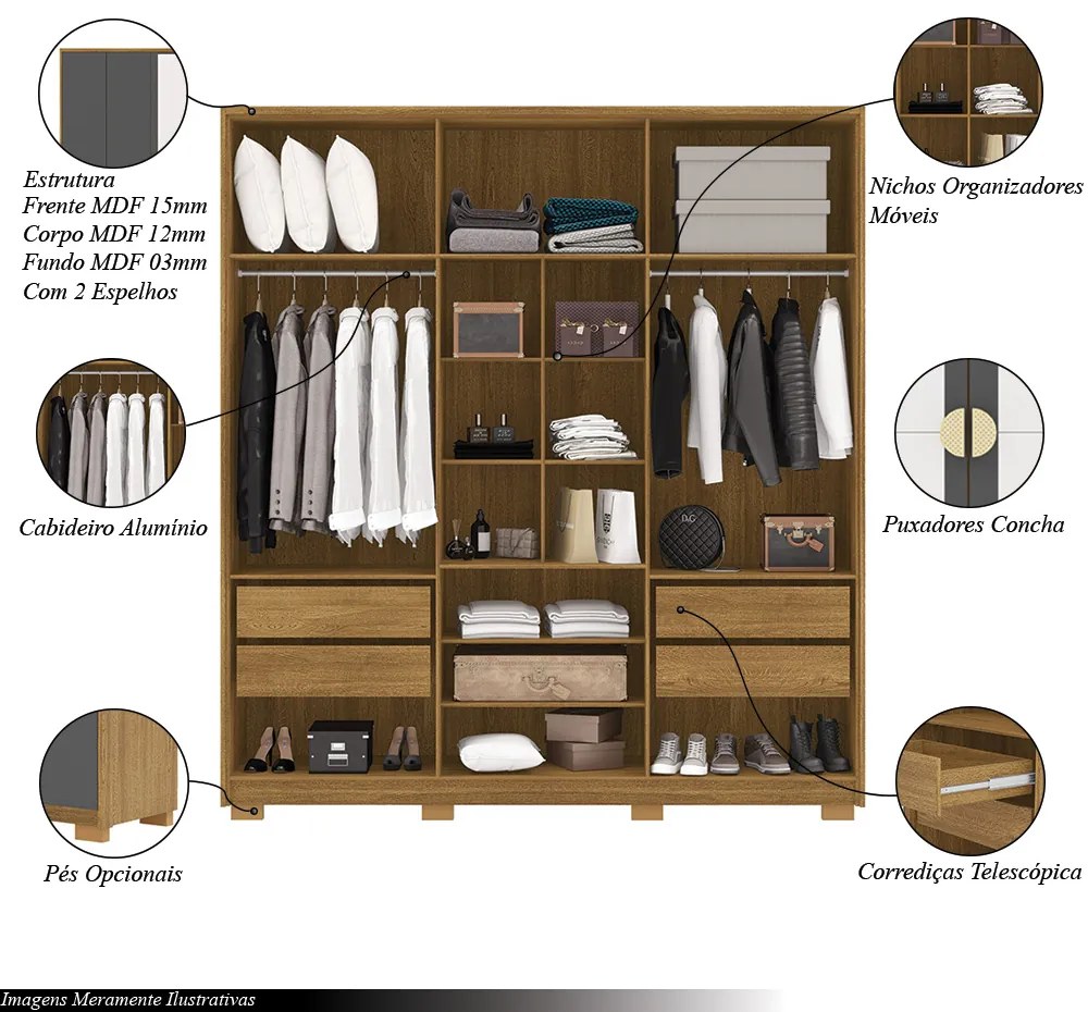 Guarda Roupa Casal Marlin 6 Portas de Bater 2 com Espelhos 4 Gavetas com Nichos MDF Nature/Chumbo G98 - Gran Belo