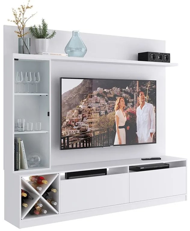 Painel Home Suspenso Sala Para Tv Vidro E 7 Prateleiras - Branco